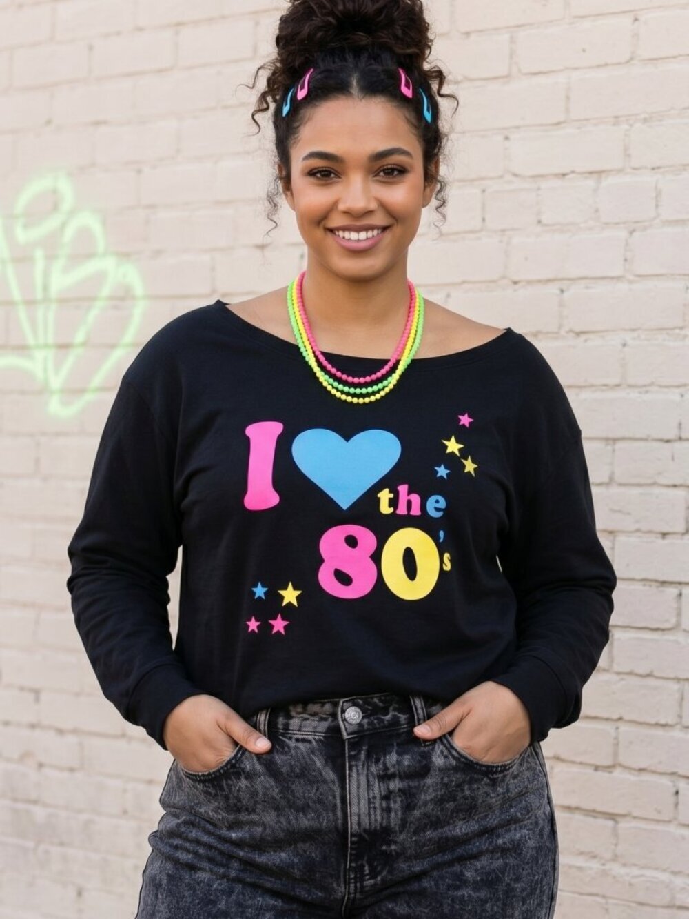 NWT | "I Love the 80's" Retro Sweater | Off-the-Shoulder | Neon Graphic | Large